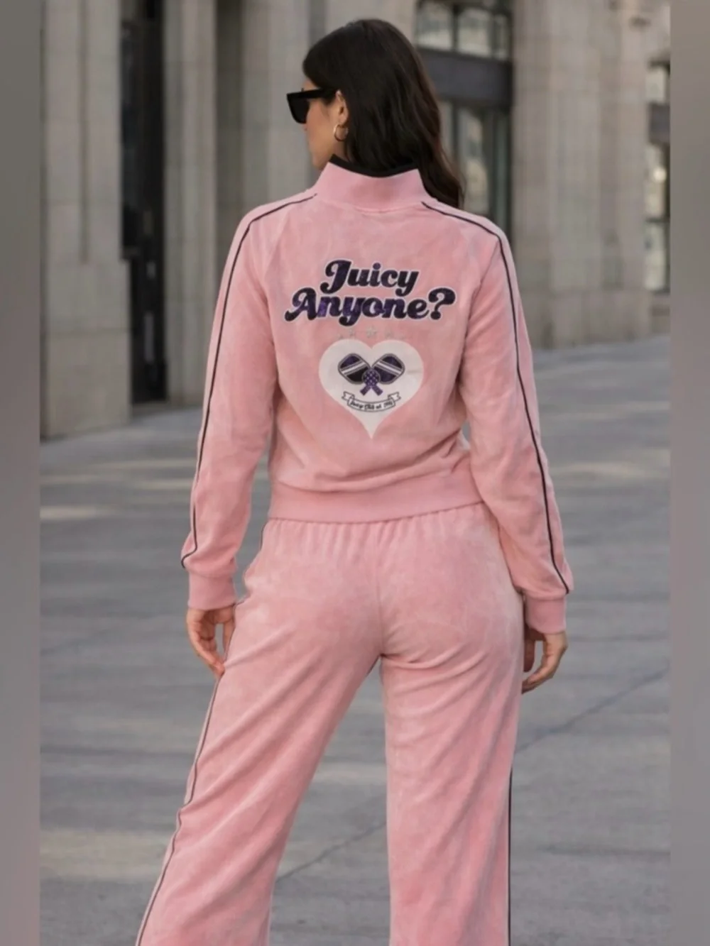 Juicy Couture Pink Velour Wide-Leg Track Pants with Blue Side Stripes - Picture 10 of 11